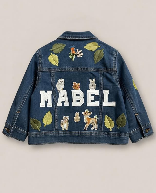 MABEL — hand-painted denim jacket with autumn leaves, rabbits and flowers